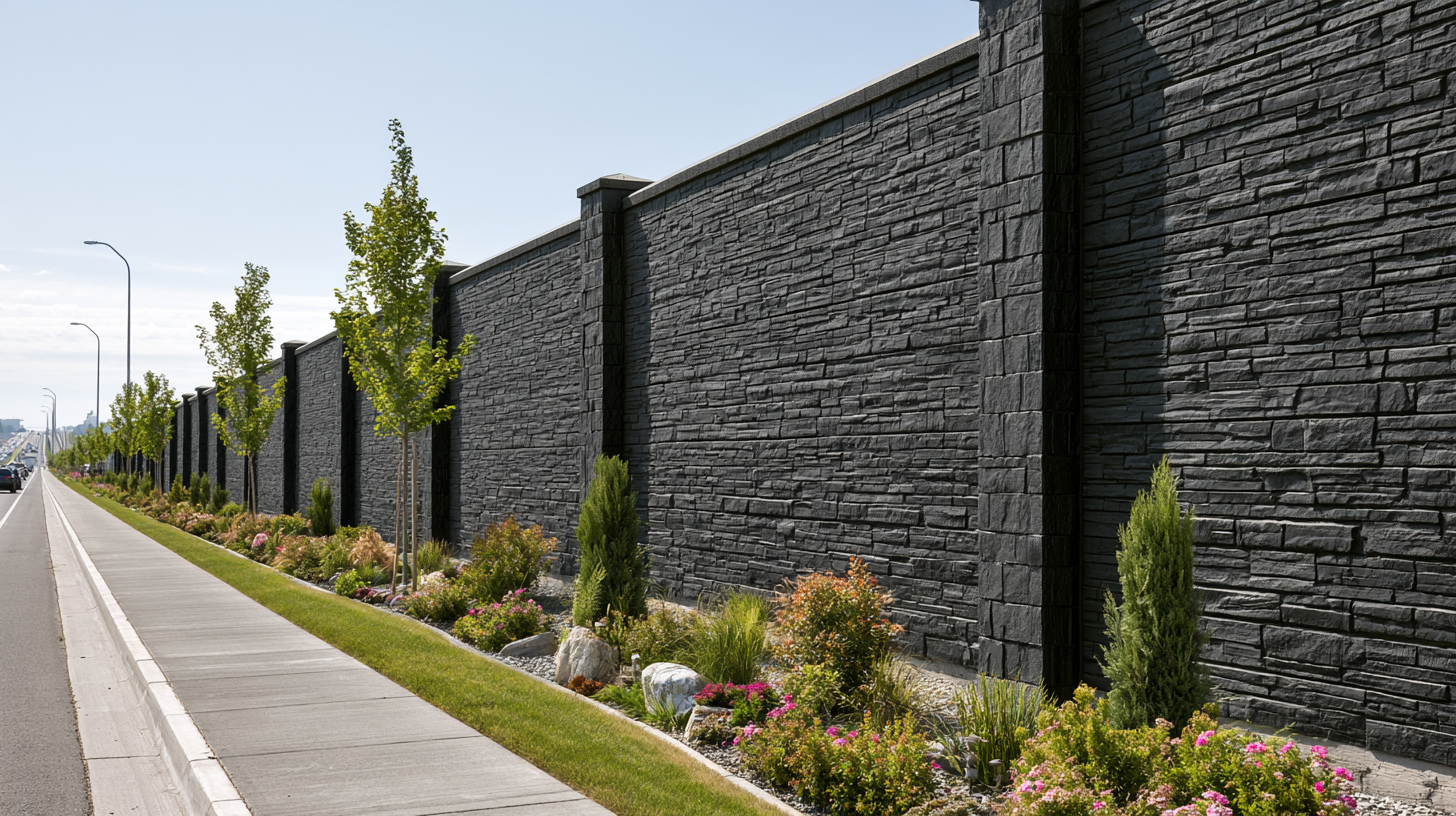 Tall masonry acoustic barrier wall separating a landscaped roadside from traffic